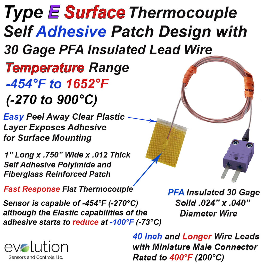 Type E Surface Thermocouple Adhesive Patch Design with 30 Gage Wire Leads and Miniature Connector