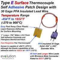 Type E Surface Thermocouple Adhesive Patch Design with 30 Gage Wire Leads and Miniature Connector