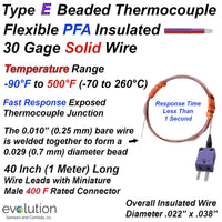 Type E Insulated Thermocouple with Flexible 30 Gage Solid PFA Insulated Lead Wire and Miniature Male Flat Pin Connector Termination