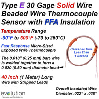 Type E Thermocouple Beaded Wire Sensor 30 Gage PFA Insulated with Stripped Leads