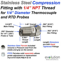 Thermocouple Compression Fitting Stainless Steel 1/4 NPT to 1/4 Probe