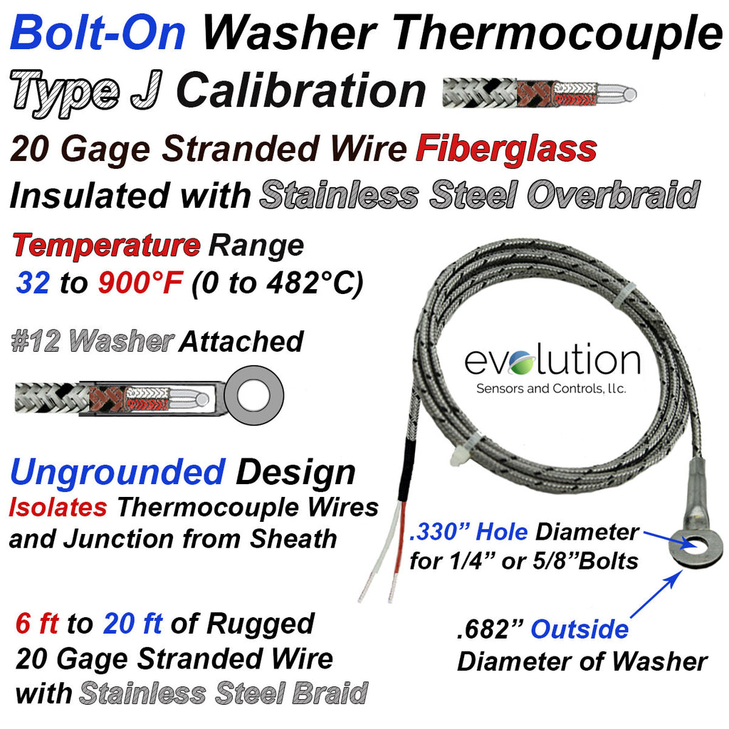Type J Bolt-On Washer Thermocouple with 6 to 20ft of Stainless Steel Braided Lead Wire
