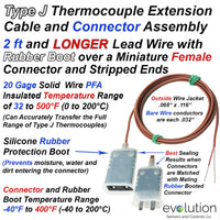Type J Thermocouple Extension Cable - 2 ft and LONGER 20 Gage PFA Lead Wire with Stripped Ends and Rubber Boot Covered Miniature Female Connector