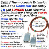 Type J Thermocouple Extension Cable - 2 ft and LONGER 20 Gage PFA Lead Wire with Stripped Ends and Rubber Boot Covered Miniature Female Connector