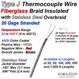 Type J Thermocouple Wire 20 Gage Stranded with Stainless Steel Braid