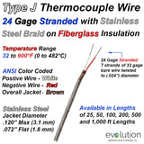 Type J Thermocouple Wire 24 Gage Stranded with Stainless Steel Braid