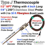 Type J Thermocouple Probe with 1/2" NPT Fitting and Fiberglass Lead Wire
