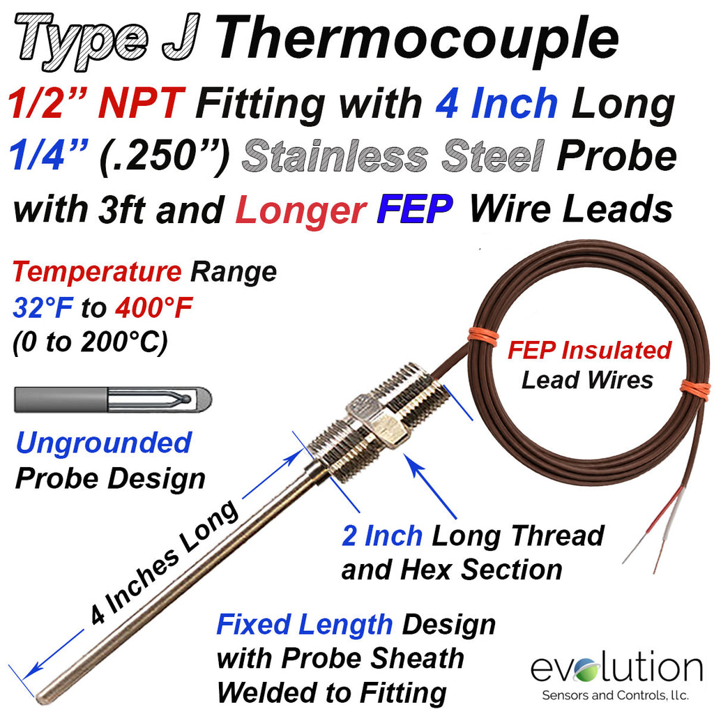 Type J Thermocouple Probe with 1/2" NPT Fitting and FEP Insulated Lead Wire