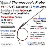 Type J Thermocouple 12 inches long 1/8 inch diameter with wire leads