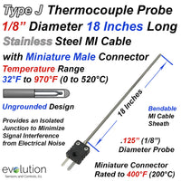 Type J Thermocouple MI Cable Probe Stainless Steel Sheath Ungrounded 1/8