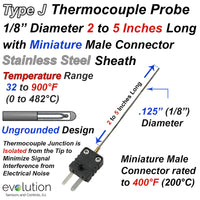 Type J Thermocouple Probe 2 to 5 Inches Long with Miniature Connector