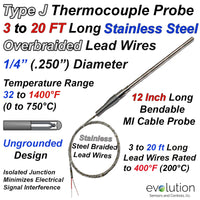 Type J Thermocouple Probe - 3 to 20ft of Stainless Steel Braid Leads