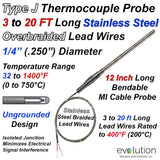 Type J Thermocouple Probe - 3 to 20ft of Stainless Steel Braid Leads