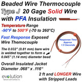 Thermocouple Beaded Wire Sensor Type J 20 Gage PFA Insulated 2ft and LONGER with Stripped Leads