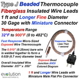 Type J Beaded Thermocouple Fiberglass Insulated Wire Leads 1 ft and Longer Fine Diameter 30 Gage with Miniature Connector