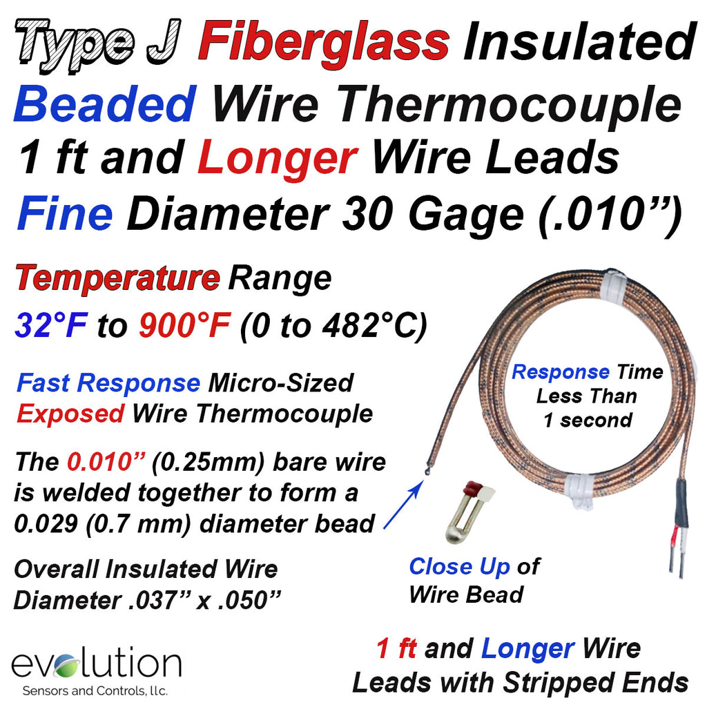 Type J Fiberglass Insulated Beaded Wire Thermocouple 1 ft and Longer Fine Diameter 30 Gage Wire Leads with Stripped Ends Termination
