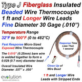 Type J Fiberglass Insulated Beaded Wire Thermocouple 1 ft and Longer Fine Diameter 30 Gage Wire Leads with Stripped Ends Termination