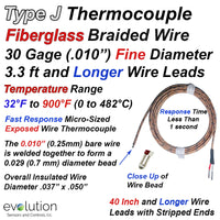 Type J Beaded Wire Thermocouple with 30 Gage  Fiberglass Braided Wire Leads