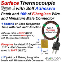 J Type Fast Response Surface Thermocouple with 10ft Leads and Miniature Connector