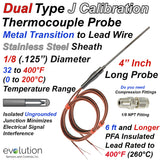 Type J Dual Thermocouple Probe 1/8" Diameter with PFA Lead Wire 