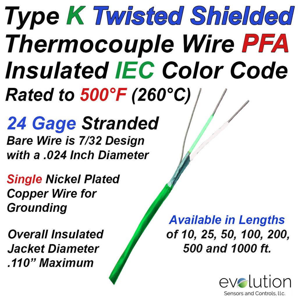 Type K IEC Color Code (Green) Twisted Shielded Thermocouple Wire 24 Gage Stranded PFA Insulated