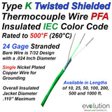 Type K IEC Color Code (Green) Twisted Shielded Thermocouple Wire 24 Gage Stranded PFA Insulated