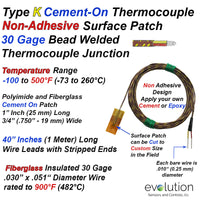 Type K Cement On Thermocouple with Non-Adhesive Surface Patch and 40 inch Wire Leads
