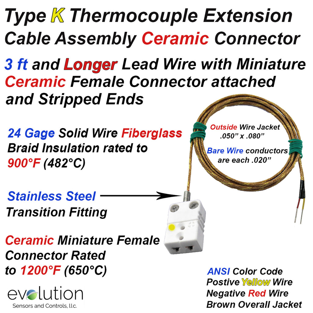 Type K Fiberglass Braid Extension Cable with Miniature Female Ceramic Connector and Stripped Ends