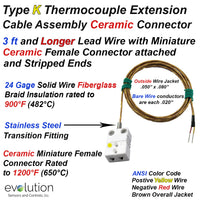 Type K Fiberglass Braid Extension Cable with Miniature Female Ceramic Connector and Stripped Ends