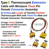 Type K Three Pin Thermocouple Extension Cable - 40 Inches and Longer of Twisted Shielded Wire with Miniature Three Pin Female Connector and Miniature Three Pin Male Connector