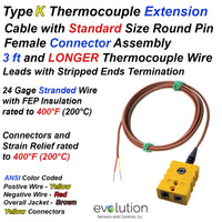 Type K Thermocouple Extension Cable with Standard Female Round Pin Connector with Stripped Ends Termination