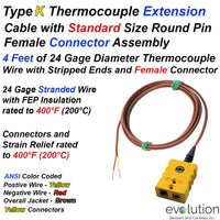 Type K Thermocouple Extension Cable Female Connector and Stripped Ends