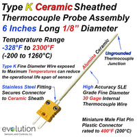 Type K Ceramic Sheath Thermocouple Probe Assembly 6 to 18 Inch Long 1/8