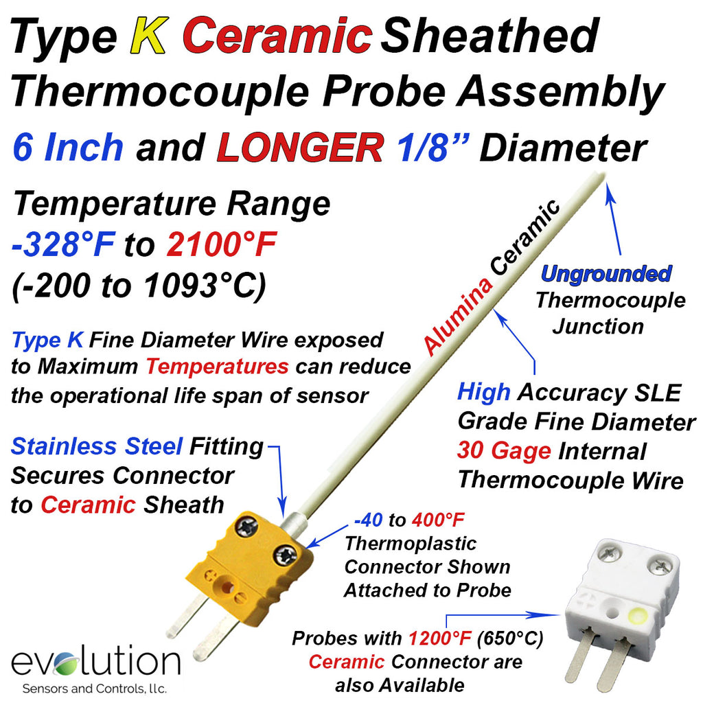 Type K Ceramic Sheath Thermocouple Probe 6 to 18" Long 1/8" Diameter