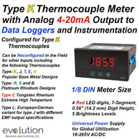 Type K Thermocouple Programmable Panel Meter with Analog m/A output. 1/8 DIN Panel Size