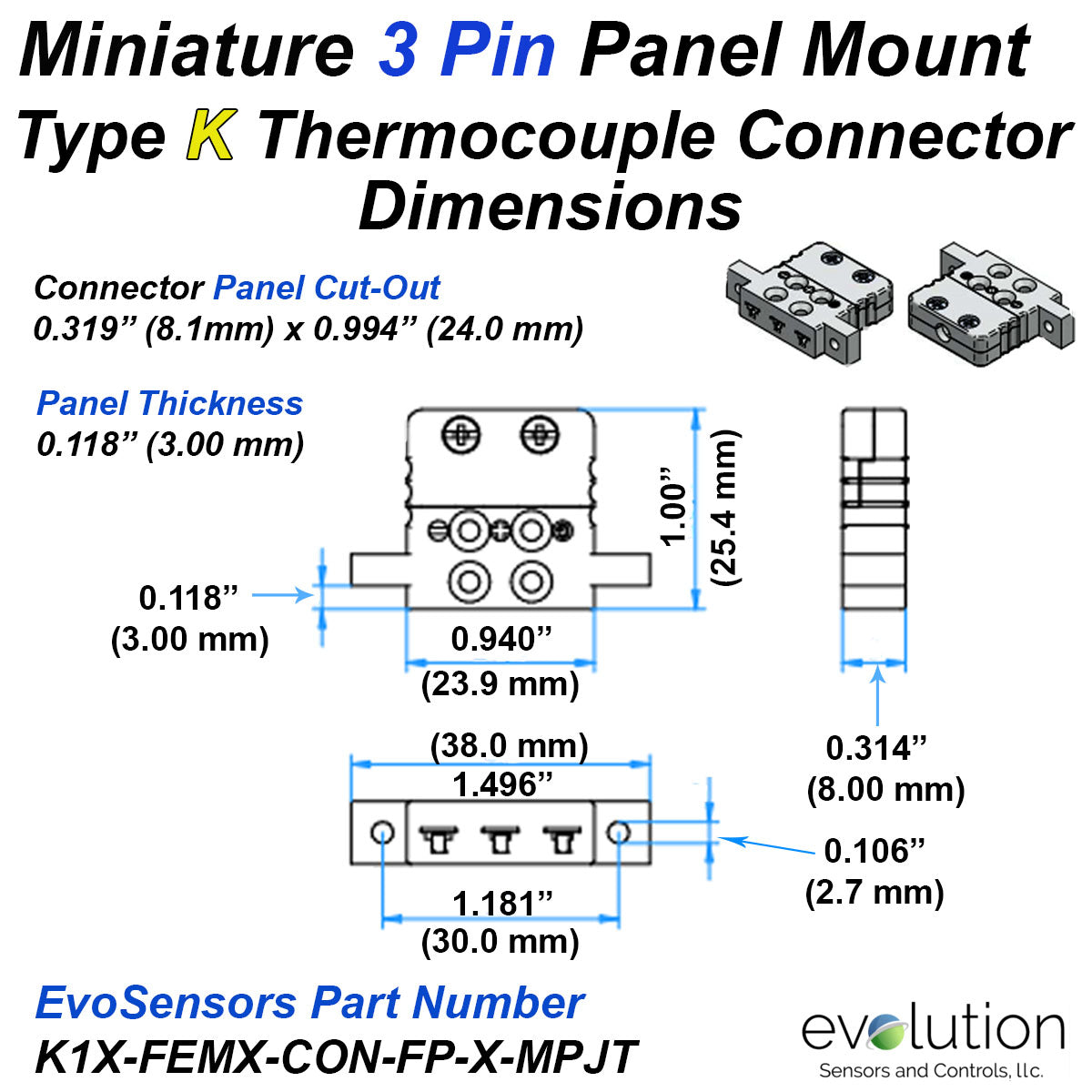 Type K Mini Plug Array Type K Miniature 3 Pin Female Panel Mount Connector | Evolution Sensors ...