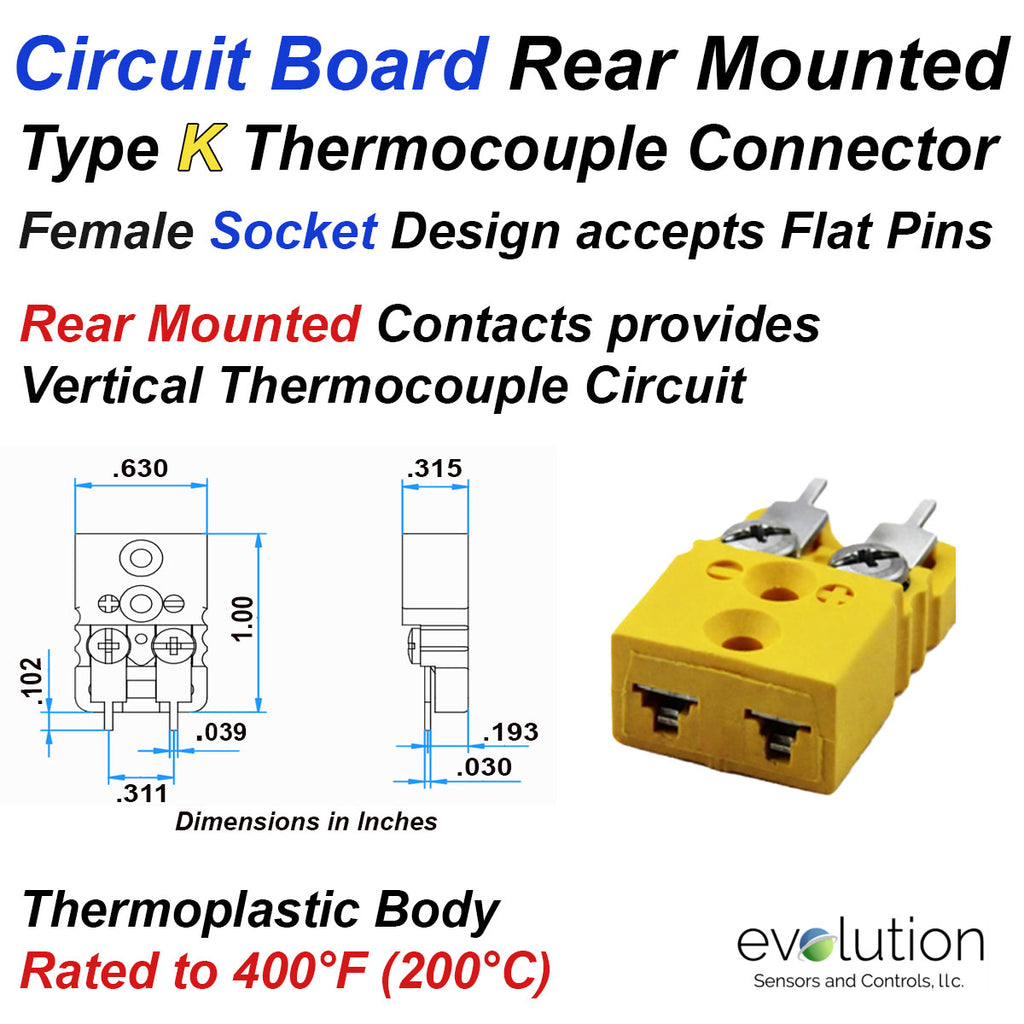 Type K Miniature Circuit Board Thermocouple Connector Rear Mount Design