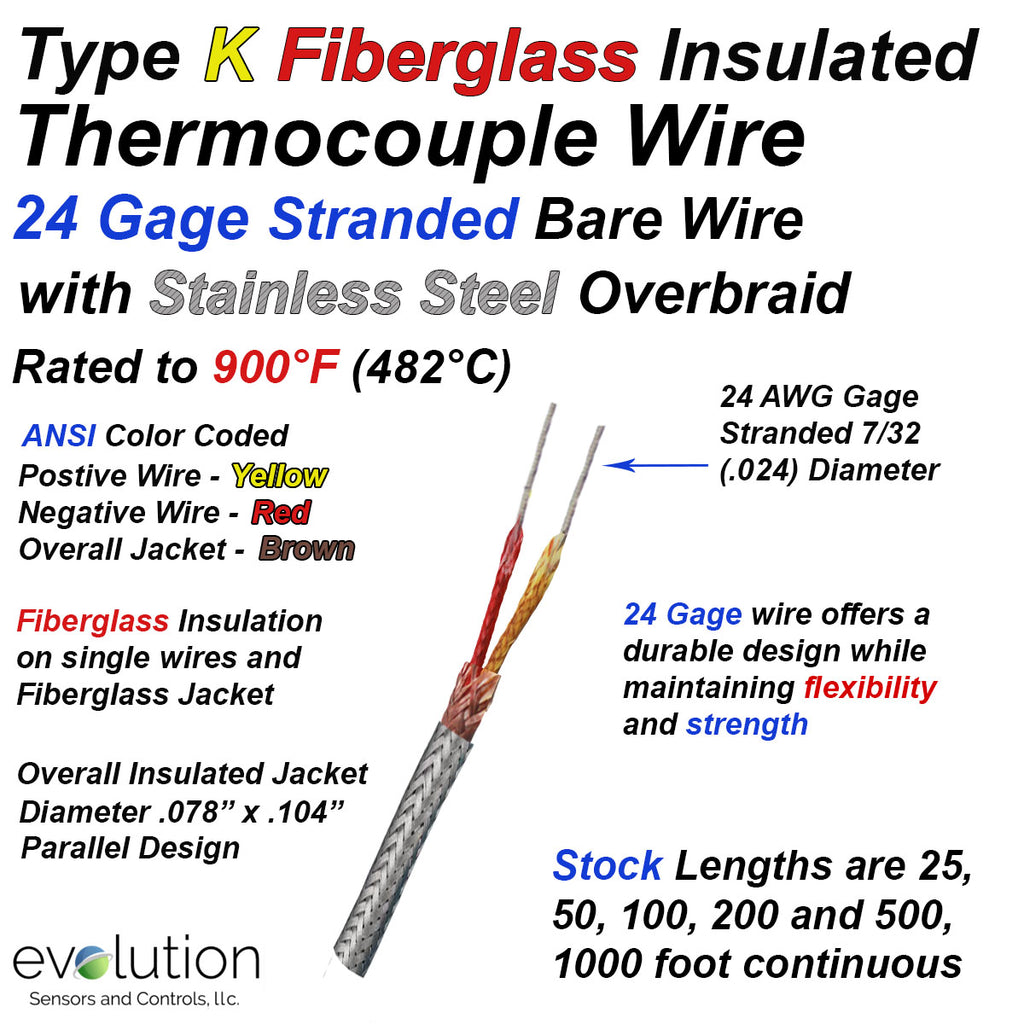 Type K Thermocouple Wire Fiberglass Insulated 24 Gage Stranded with Stainless Steel Overbraid
