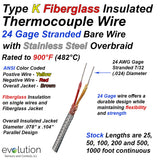 Type K Thermocouple Wire Fiberglass Insulated 24 Gage Stranded with Stainless Steel Overbraid
