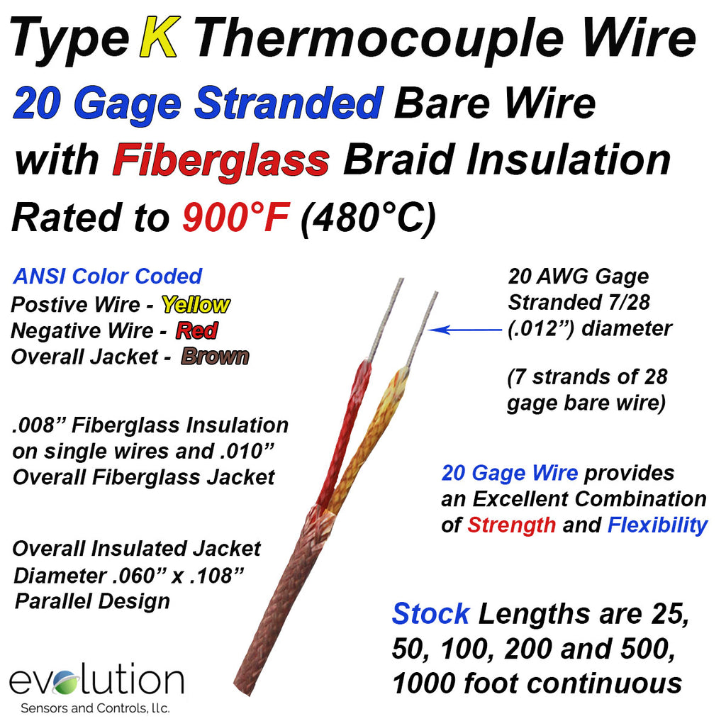 Type K Thermocouple Wire 20 Gage Stranded with Fiberglass Braid Insulation