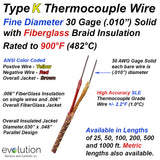 Type K Thermocouple Wire Fine Diameter 30 Gage with Fiberglass Braid