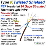 Type K Twisted Shielded Thermocouple Wire 24 Gage Stranded FEP Insulated