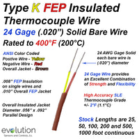 Type K Thermocouple Wire 24 Gage Solid with FEP Insulation