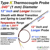 Type K Thermocouple .040" (1 mm) Diameter 12 Inch and Longer Length Inconel Sheath Grounded with a Transition to Lead Wire