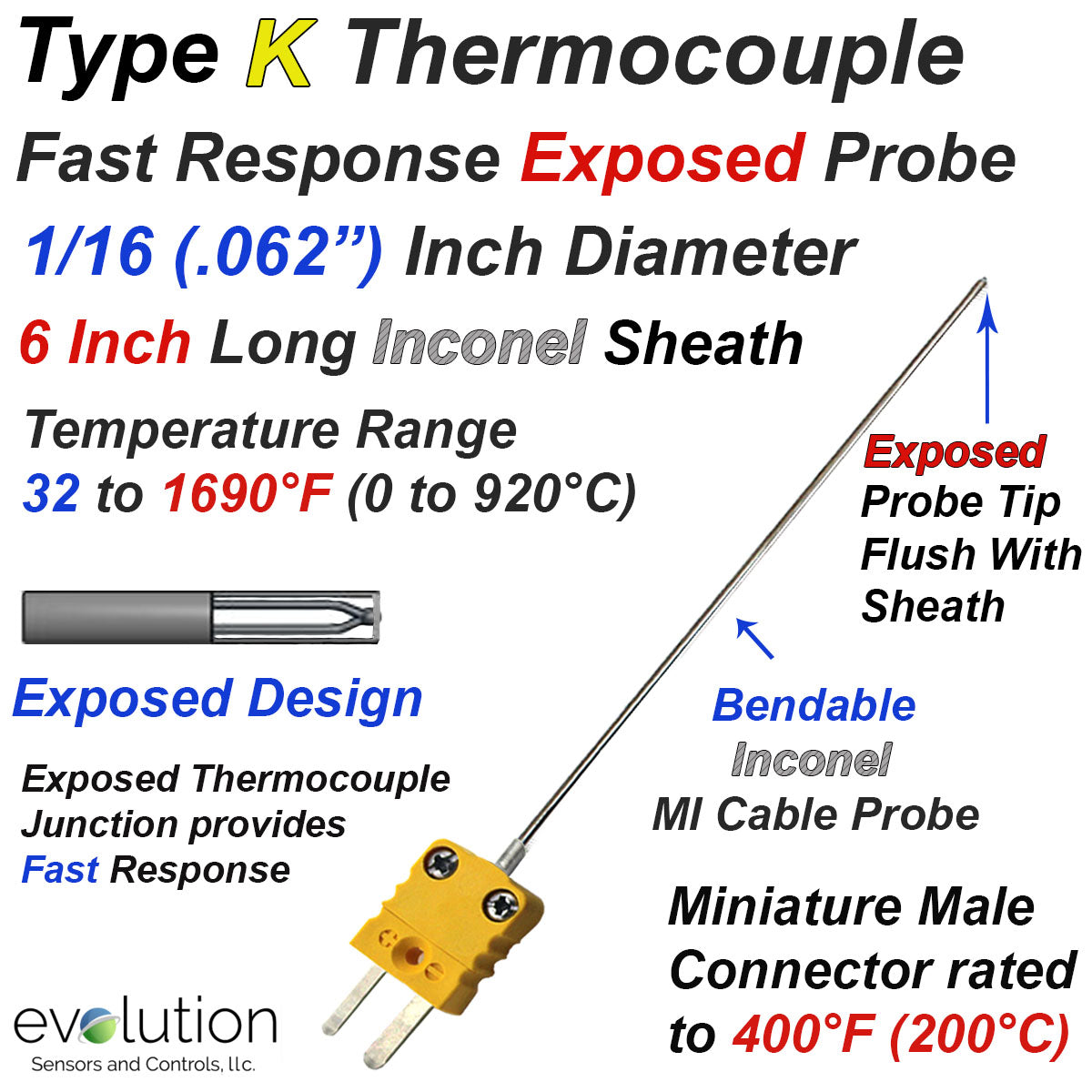 Type K Exposed Thermocouple Probe 1/16 Inch Diameter Inconel Sheath ...