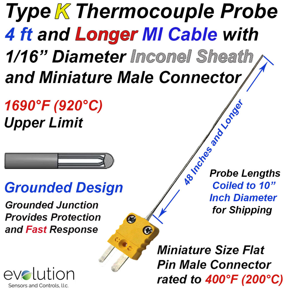 Type K Thermocouple Probe Long Length .062 Diameter and Mini Connector ...