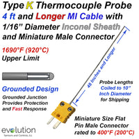 Type K Grounded Thermocouple Probe 4ft and Longer 1/16