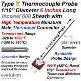 Type K Thermocouple with Ultra High Temperature Thermoset Miniature Connector 6 Inch Long 1/16" Diameter Inconel 600 Sheath Grounded