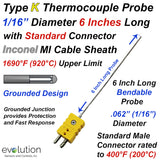 Type K Thermocouple Probe 1/16" Diameter 6 Inch Long Inconel Sheath 