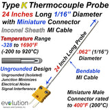 Type K Thermocouple Probe 24 Inches Long 1/16" Diameter and Mini Connector